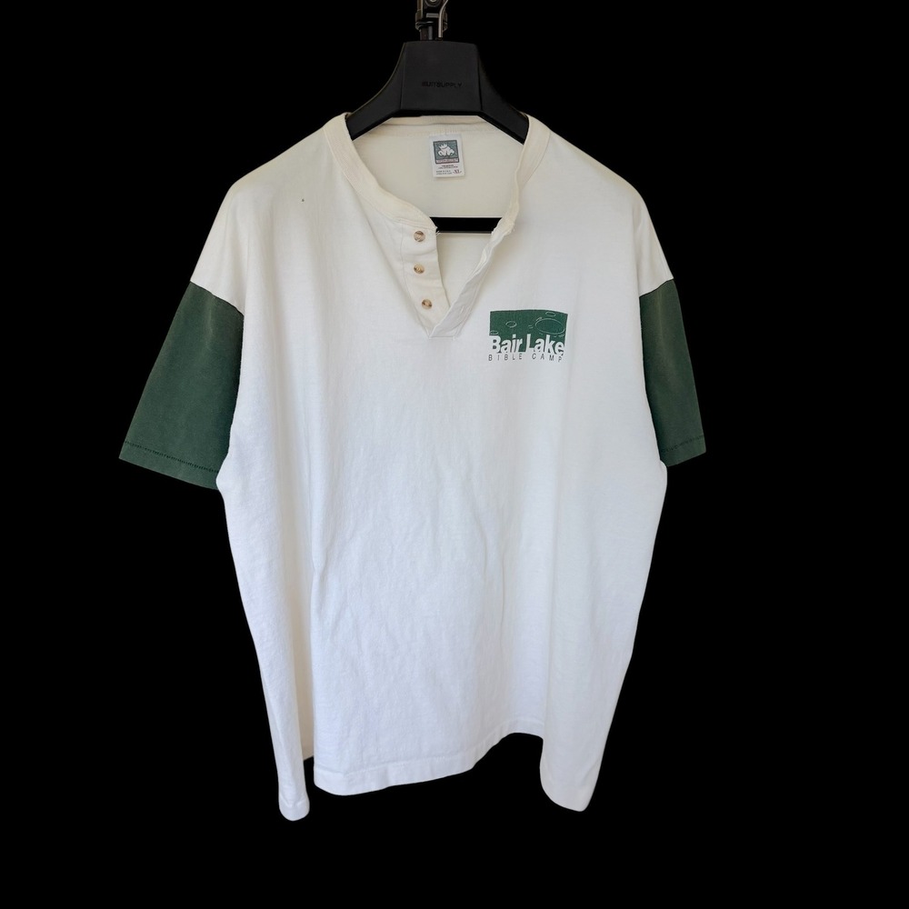90's Jesus Christian Bible Camp Henley Shirt XL White Green Made in USA
